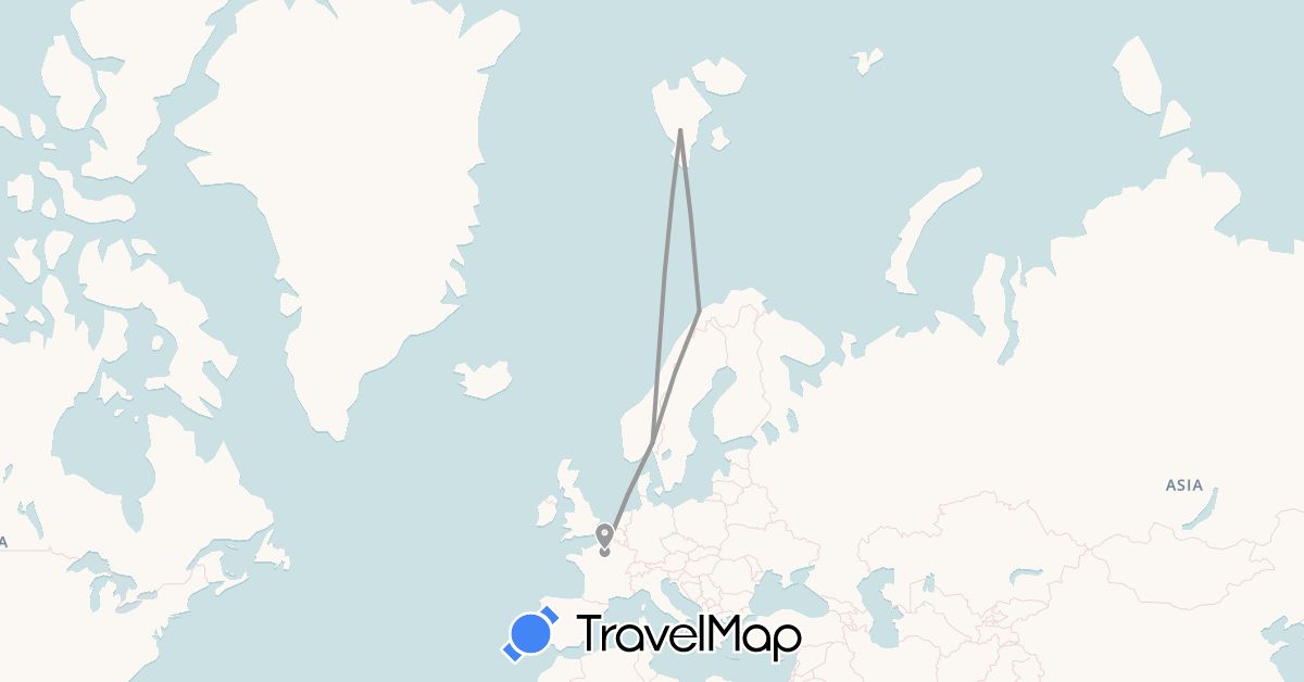 TravelMap itinerary: plane in France, Norway, Svalbard and Jan Mayen (Europe)